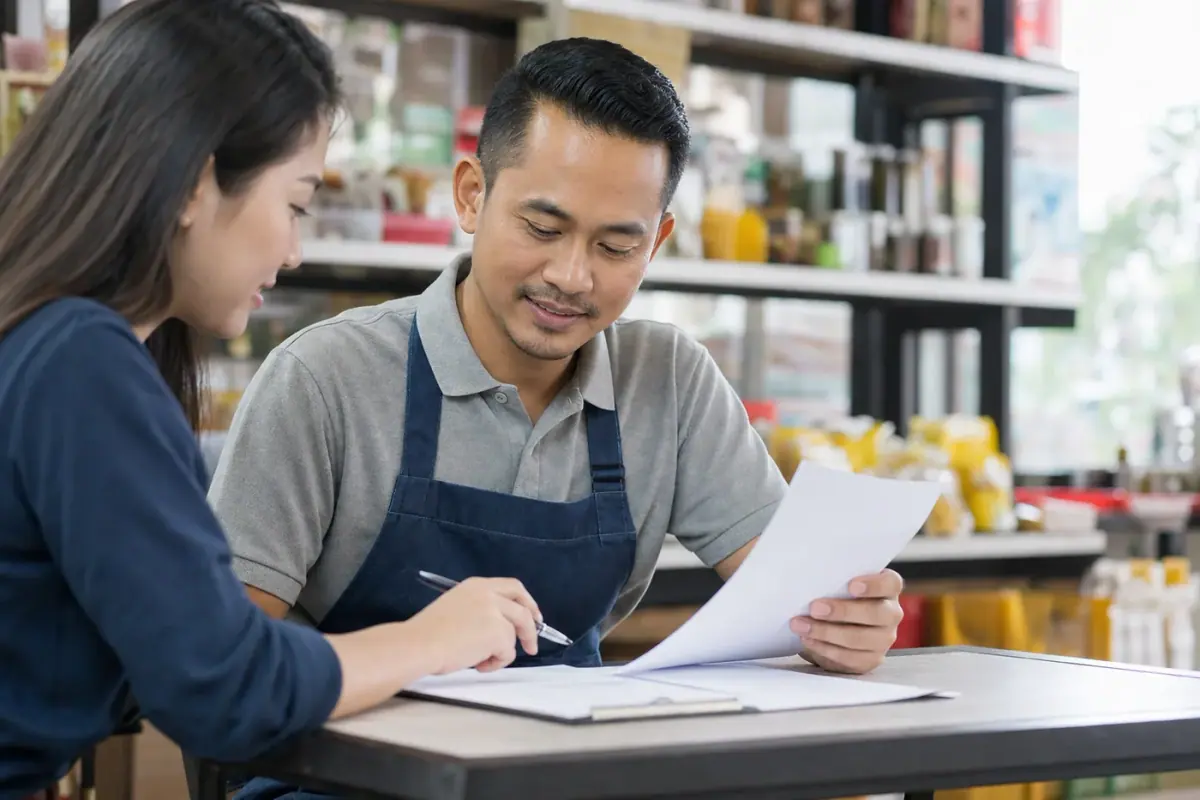 Retail business owner reviewing working capital documents
